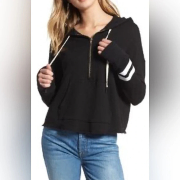 NWT n:philanthropy black half zip hoodie raw hem size M or L - Picture 1 of 4